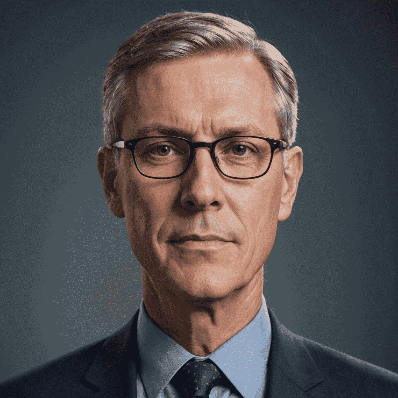 Portrait of John Doe, a middle-aged man with short grey hair and glasses, wearing a navy blue suit, looking confidently at the camera