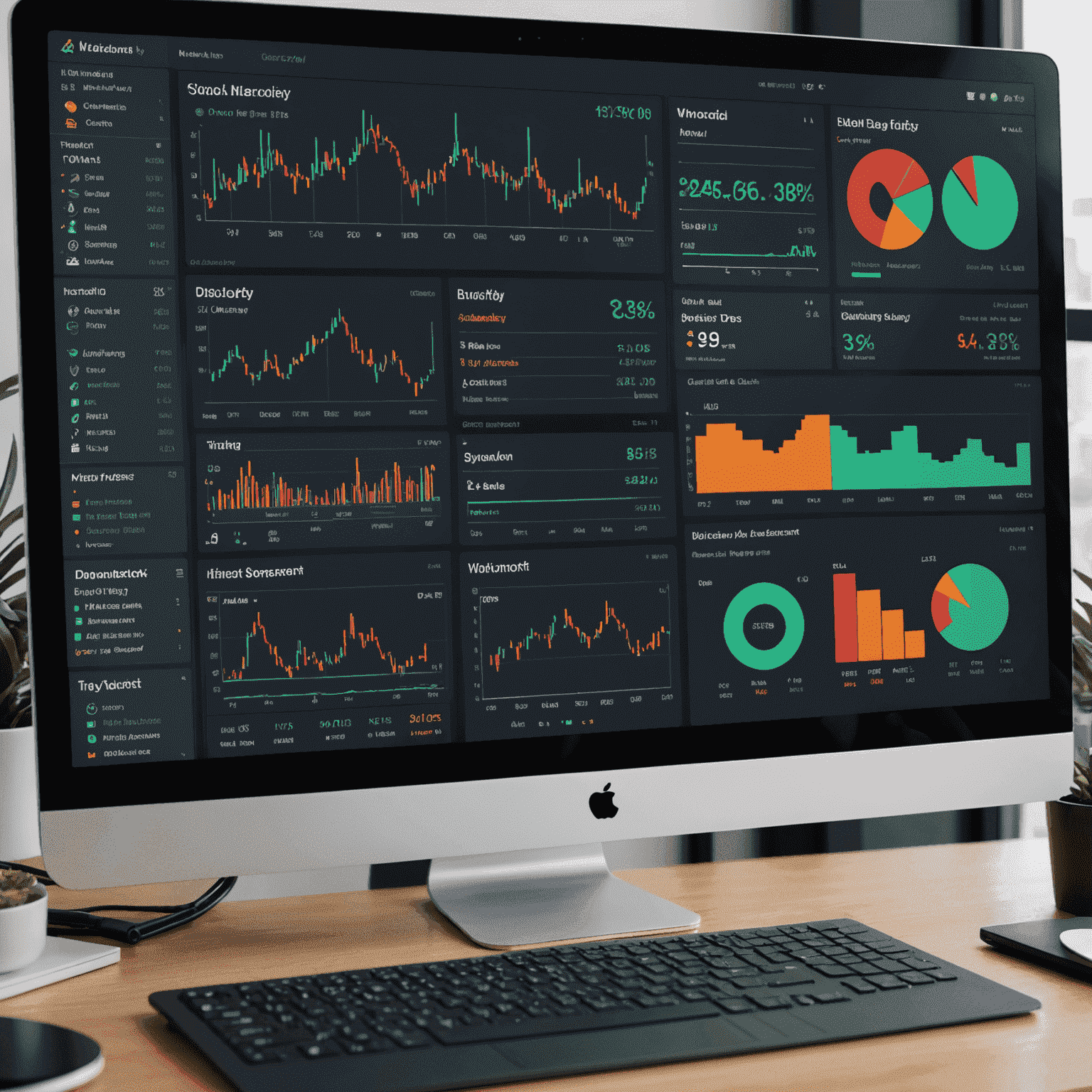 A dashboard displaying various trading analytics metrics, including sentiment analysis, volatility indicators, and risk assessment charts