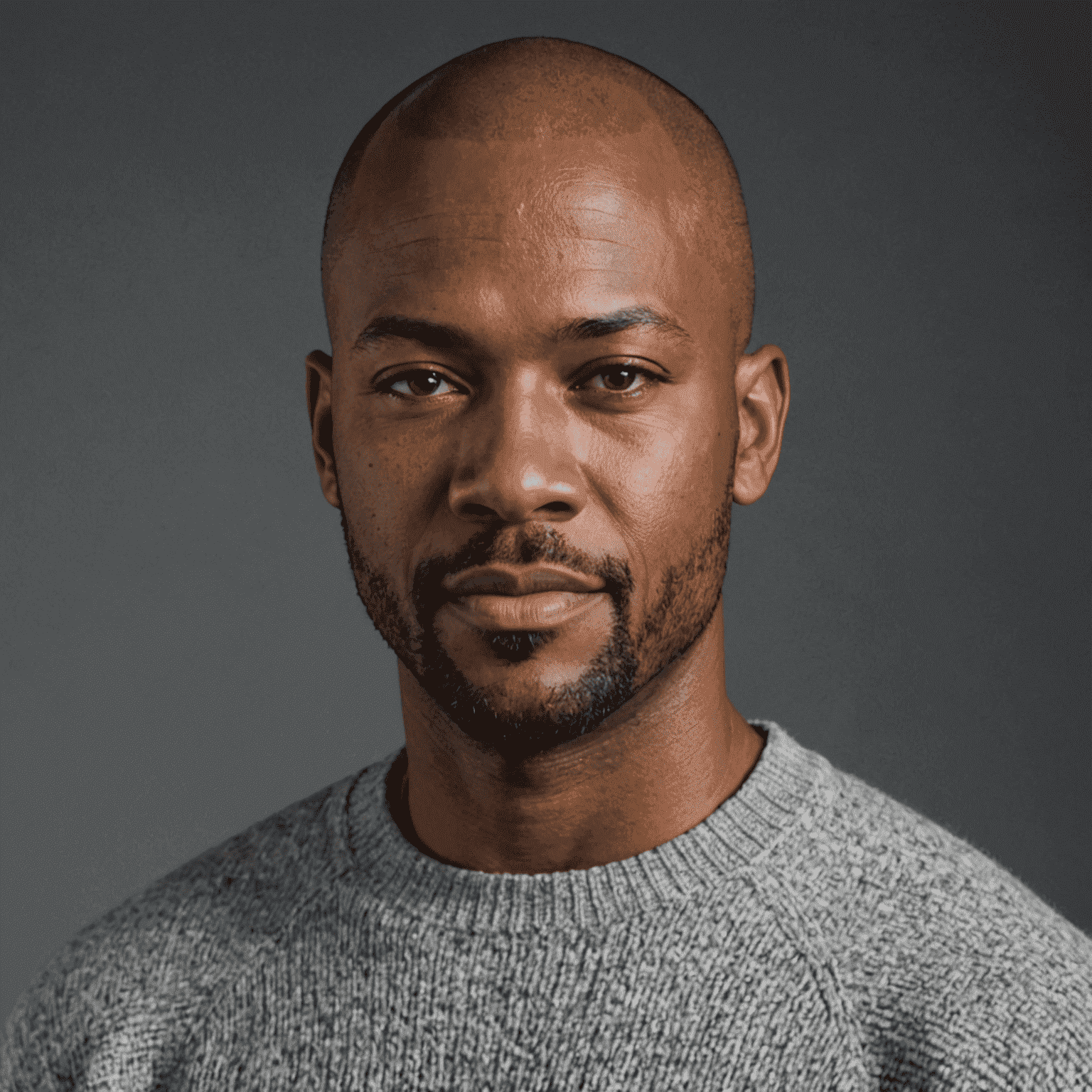 Portrait of Mike Johnson, an African American man in his 40s with a shaved head, wearing a grey sweater, looking professional