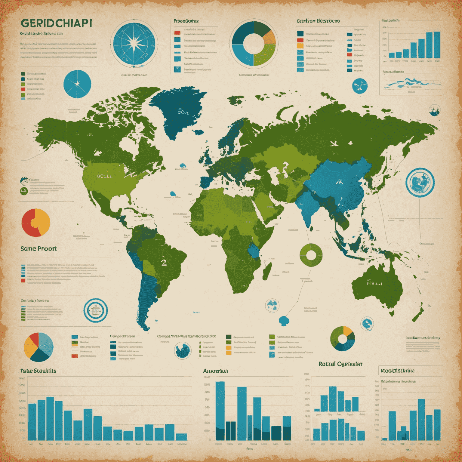 World map with various icons representing global events and their impact on trading charts and analytics